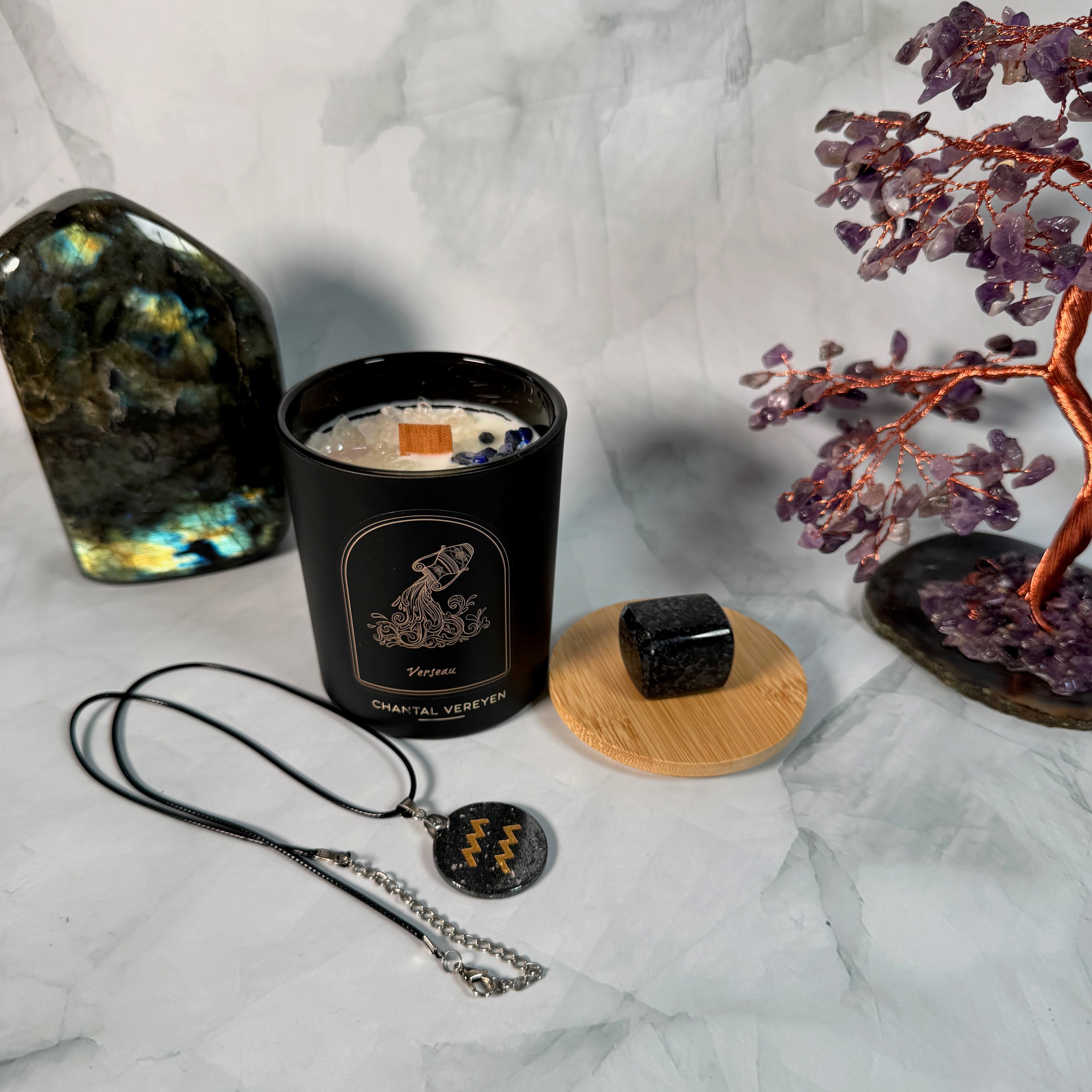 Ensemble Astrologique Verseau : Bougie, Collier et Pierre